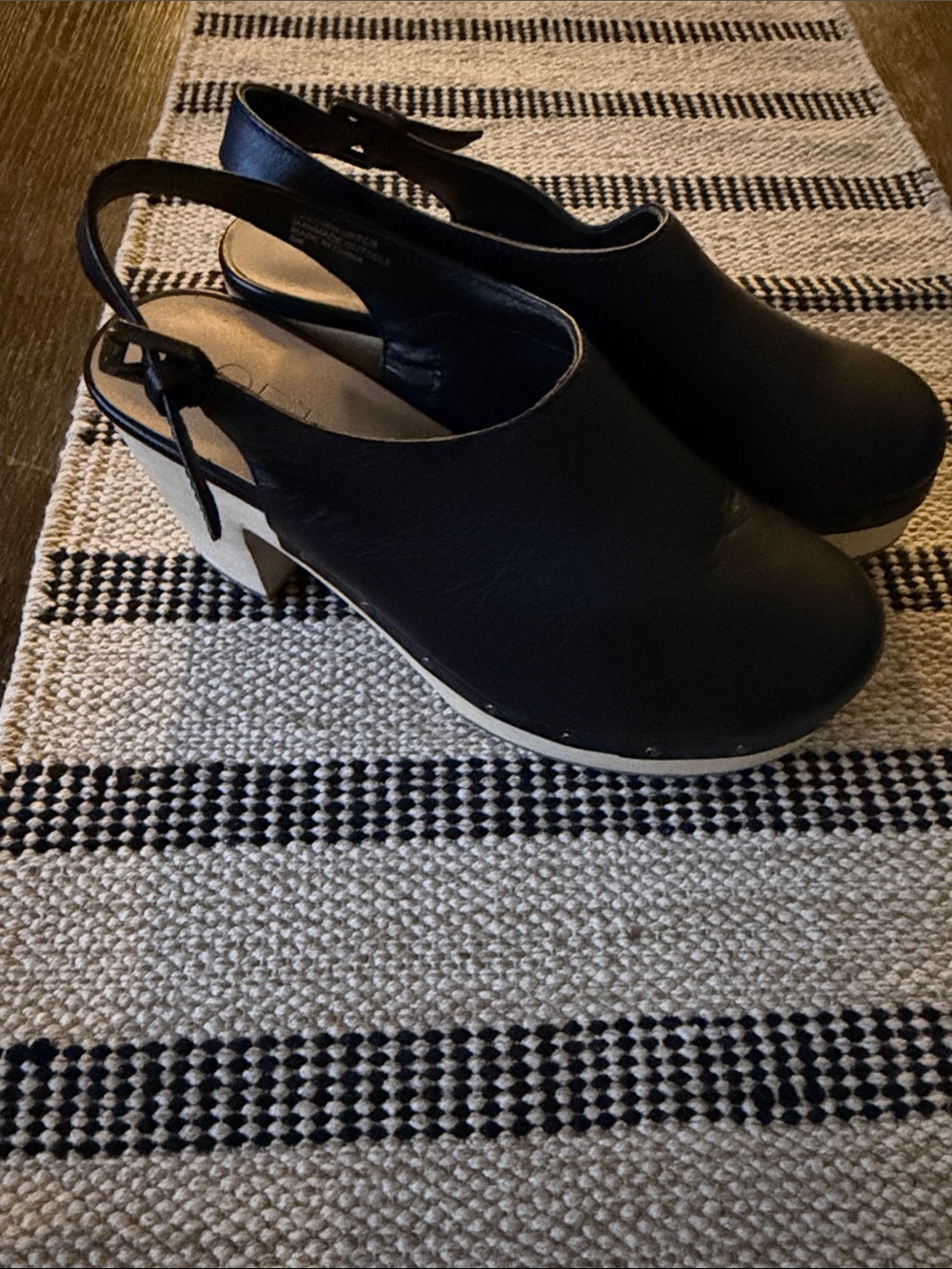 LOFT Black Leather Slingback Clogs with Studded Wooden Sole - Picture 2 of 7